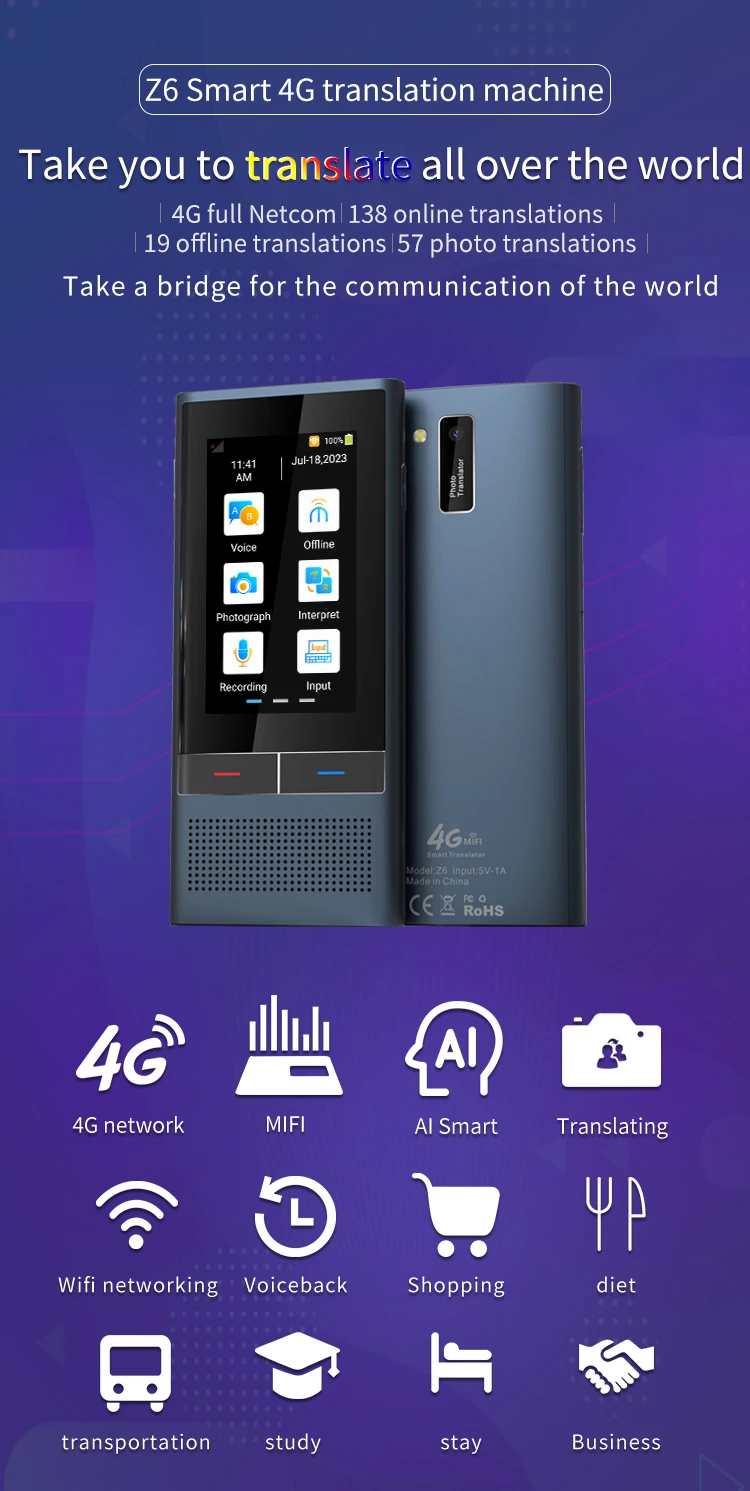 Z6 AI Voice Translator 117 Languages 3.1inch IPS Screen 4G SIM Card Internet 8G Memory Recording Intelligent Translated