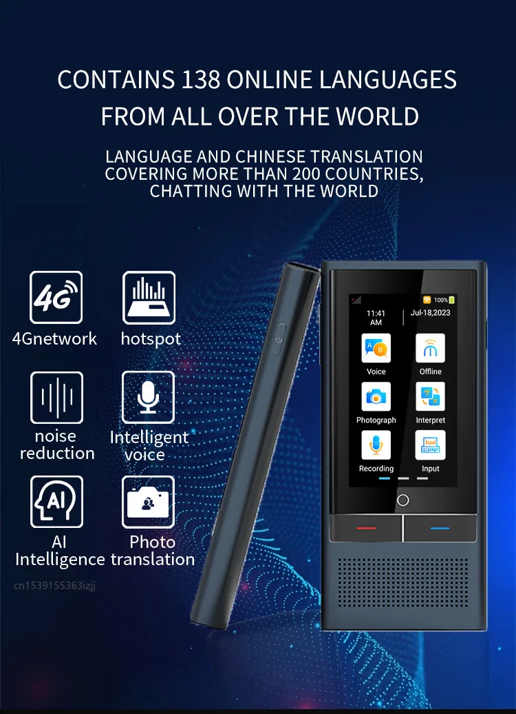 Z6 AI Voice Translator 117 Languages 3.1inch IPS Screen 4G SIM Card Internet 8G Memory Recording Intelligent Translated