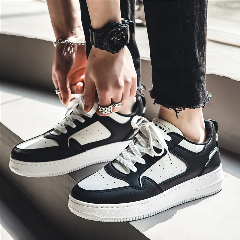 Men White Leather Shoes Flat Classic Casual Sports Shoes Lace up Skateboard Board Shoes Walking Travel Leisure Running Sneakers