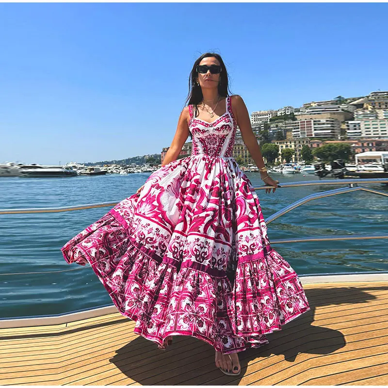 Women Sexy Printed Suspender Dress Fashion V-neck Backless High Waist Large Swing Midi Vestido Summer Female Chic Vacation Robes