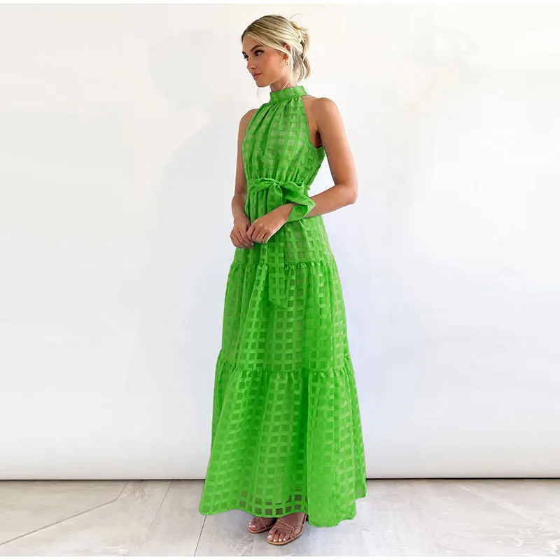 Grid Hollow Long Dress For Women Elegant Halter Sleeveless With Belt Female Dresses Summer Vintage Casual Beach Vestido 2023