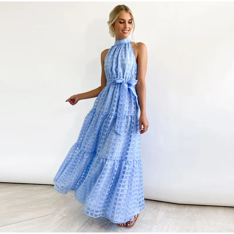 Grid Hollow Long Dress For Women Elegant Halter Sleeveless With Belt Female Dresses Summer Vintage Casual Beach Vestido 2023