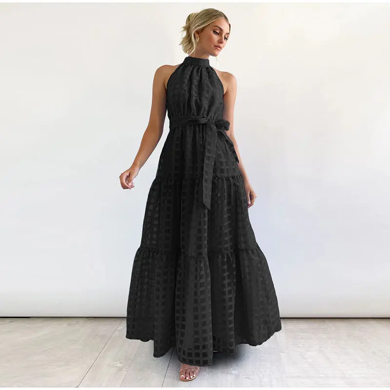 Grid Hollow Long Dress For Women Elegant Halter Sleeveless With Belt Female Dresses Summer Vintage Casual Beach Vestido 2023