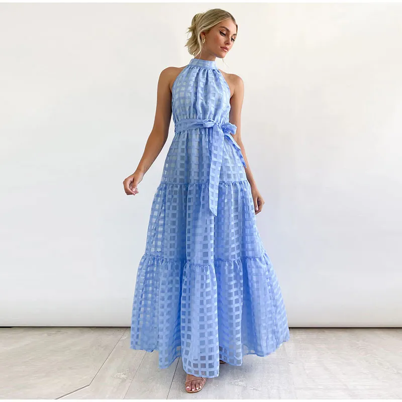 Grid Hollow Long Dress For Women Elegant Halter Sleeveless With Belt Female Dresses Summer Vintage Casual Beach Vestido 2023