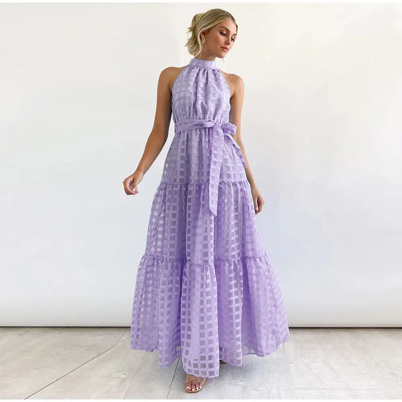 Grid Hollow Long Dress For Women Elegant Halter Sleeveless With Belt Female Dresses Summer Vintage Casual Beach Vestido 2023