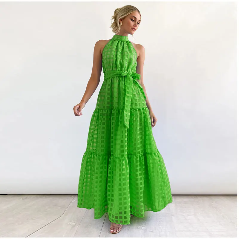 Grid Hollow Long Dress For Women Elegant Halter Sleeveless With Belt Female Dresses Summer Vintage Casual Beach Vestido 2023