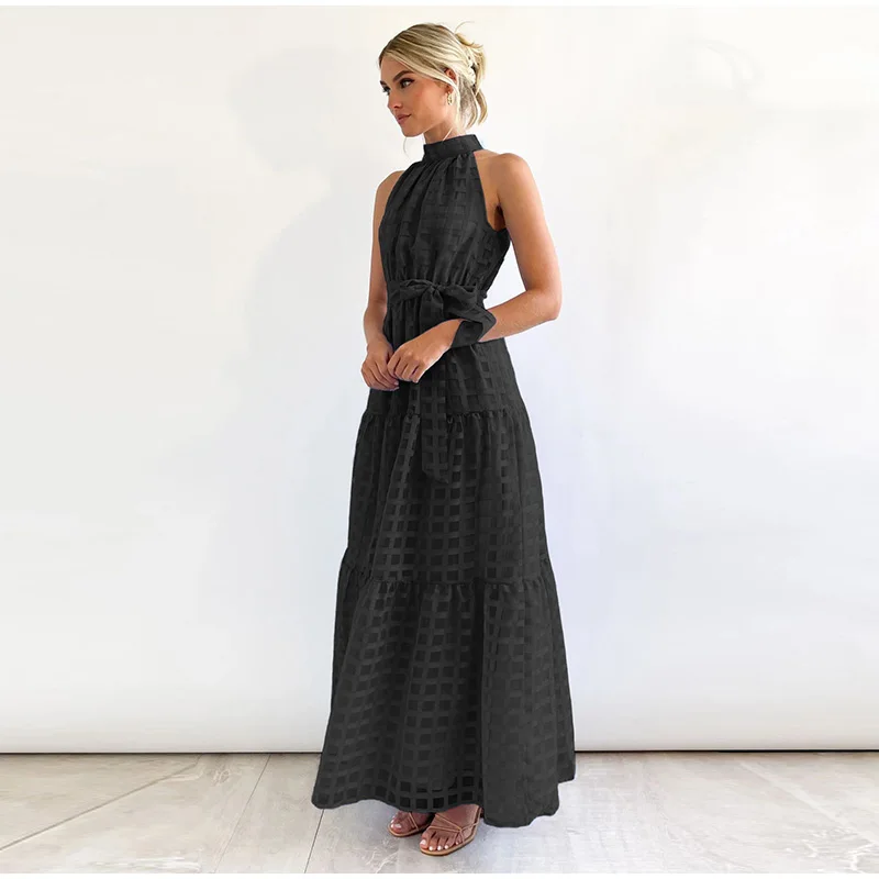 Grid Hollow Long Dress For Women Elegant Halter Sleeveless With Belt Female Dresses Summer Vintage Casual Beach Vestido 2023