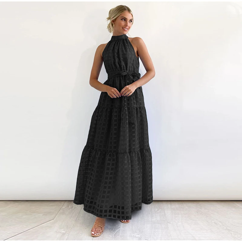 Grid Hollow Long Dress For Women Elegant Halter Sleeveless With Belt Female Dresses Summer Vintage Casual Beach Vestido 2023