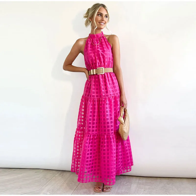 Grid Hollow Long Dress For Women Elegant Halter Sleeveless With Belt Female Dresses Summer Vintage Casual Beach Vestido 2023