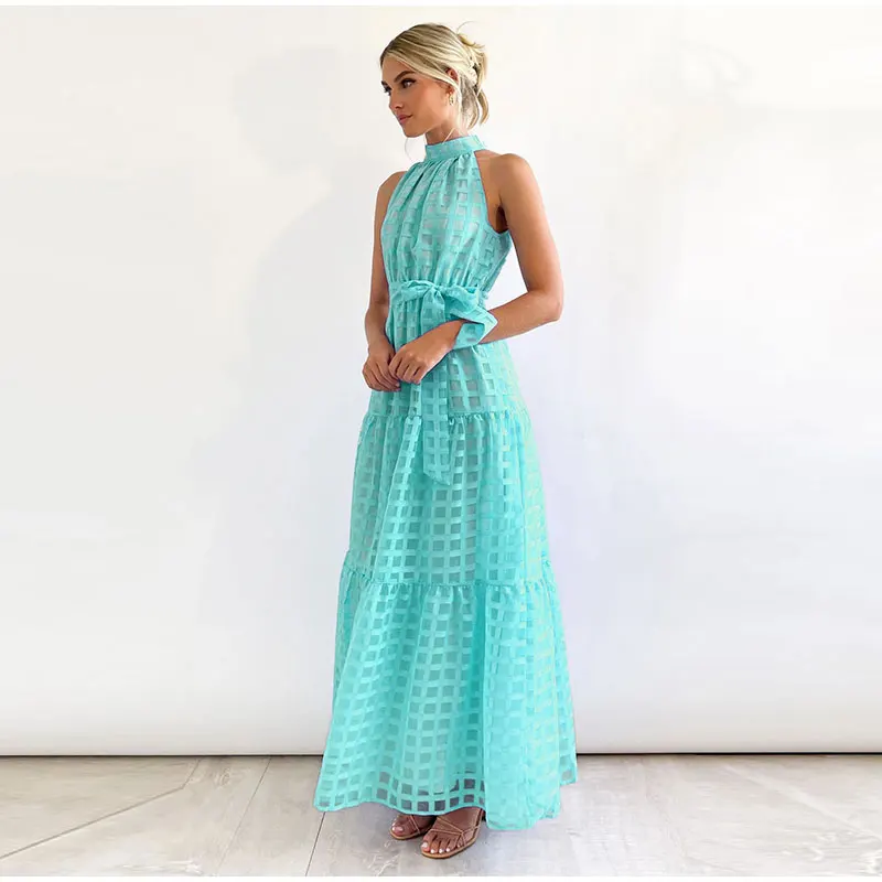 Grid Hollow Long Dress For Women Elegant Halter Sleeveless With Belt Female Dresses Summer Vintage Casual Beach Vestido 2023