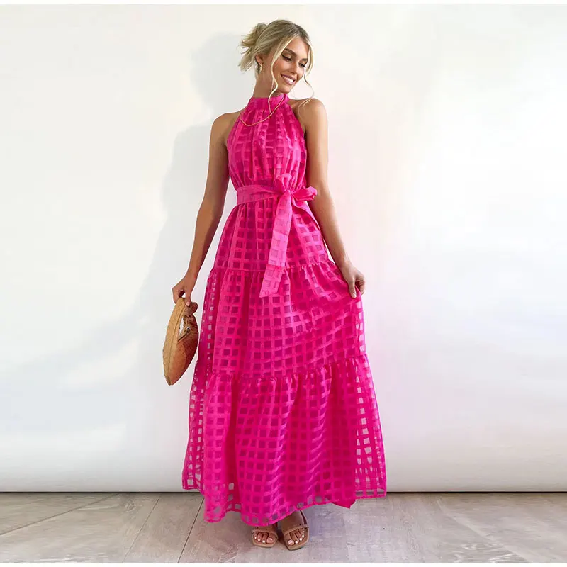 Grid Hollow Long Dress For Women Elegant Halter Sleeveless With Belt Female Dresses Summer Vintage Casual Beach Vestido 2023