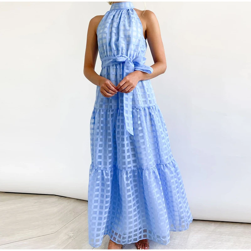 Grid Hollow Long Dress For Women Elegant Halter Sleeveless With Belt Female Dresses Summer Vintage Casual Beach Vestido 2023