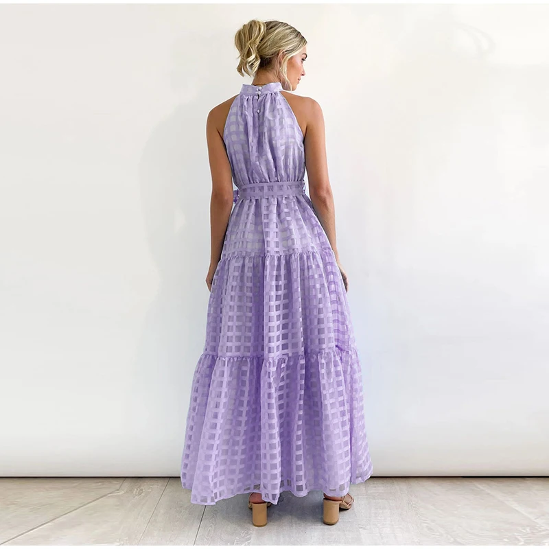 Grid Hollow Long Dress For Women Elegant Halter Sleeveless With Belt Female Dresses Summer Vintage Casual Beach Vestido 2023