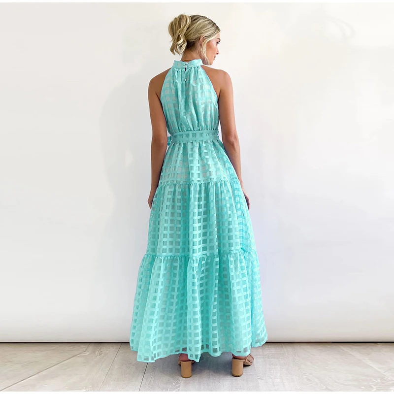 Grid Hollow Long Dress For Women Elegant Halter Sleeveless With Belt Female Dresses Summer Vintage Casual Beach Vestido 2023