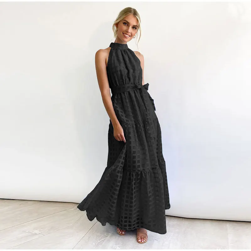 Grid Hollow Long Dress For Women Elegant Halter Sleeveless With Belt Female Dresses Summer Vintage Casual Beach Vestido 2023