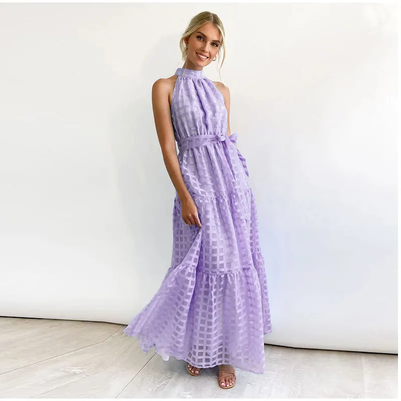 Grid Hollow Long Dress For Women Elegant Halter Sleeveless With Belt Female Dresses Summer Vintage Casual Beach Vestido 2023