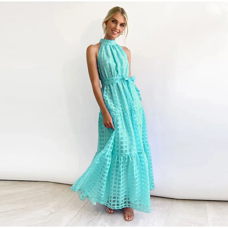 Grid Hollow Long Dress For Women Elegant Halter Sleeveless With Belt Female Dresses Summer Vintage Casual Beach Vestido 2023