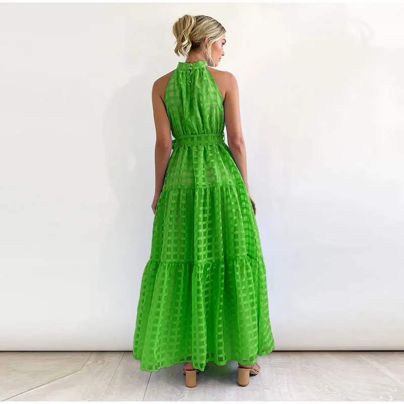 Grid Hollow Long Dress For Women Elegant Halter Sleeveless With Belt Female Dresses Summer Vintage Casual Beach Vestido 2023