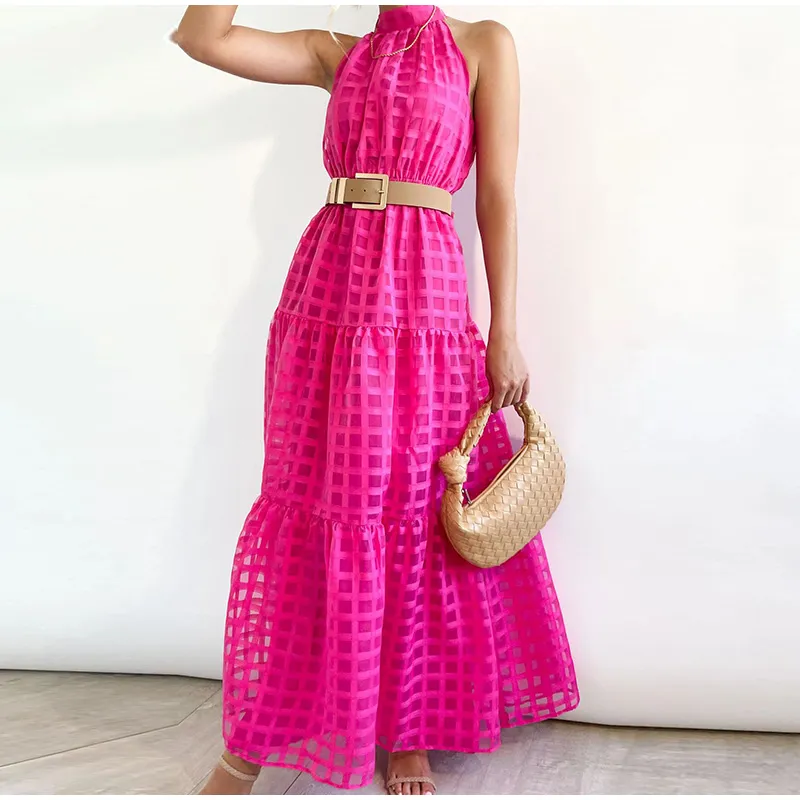 Grid Hollow Long Dress For Women Elegant Halter Sleeveless With Belt Female Dresses Summer Vintage Casual Beach Vestido 2023