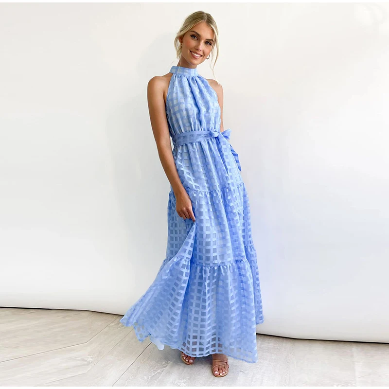 Grid Hollow Long Dress For Women Elegant Halter Sleeveless With Belt Female Dresses Summer Vintage Casual Beach Vestido 2023