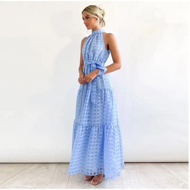 Grid Hollow Long Dress For Women Elegant Halter Sleeveless With Belt Female Dresses Summer Vintage Casual Beach Vestido 2023