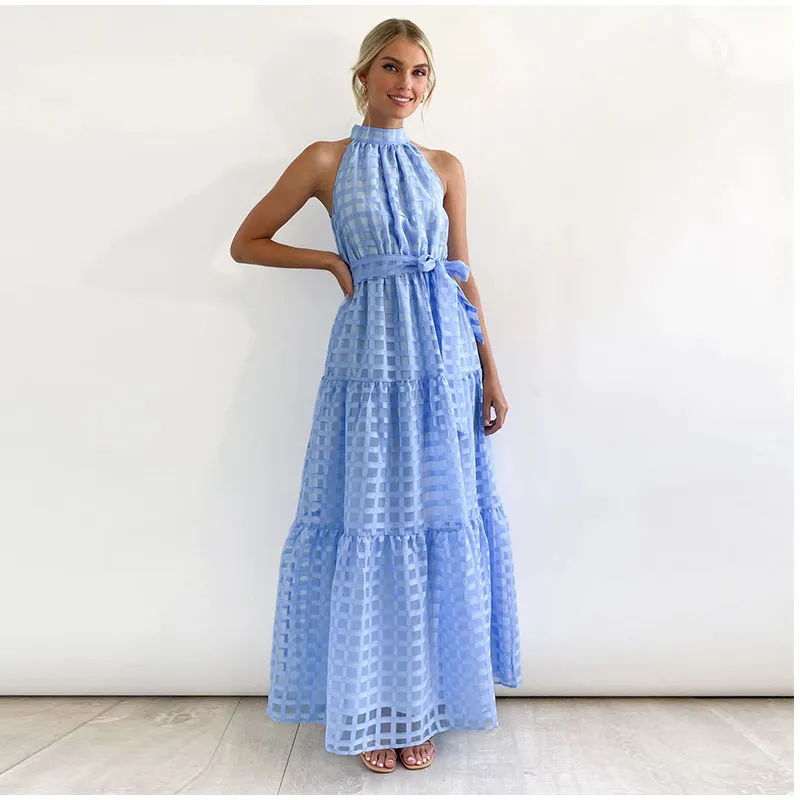 Grid Hollow Long Dress For Women Elegant Halter Sleeveless With Belt Female Dresses Summer Vintage Casual Beach Vestido 2023