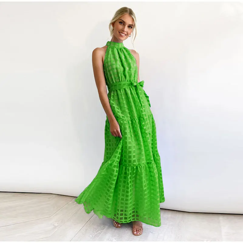 Grid Hollow Long Dress For Women Elegant Halter Sleeveless With Belt Female Dresses Summer Vintage Casual Beach Vestido 2023