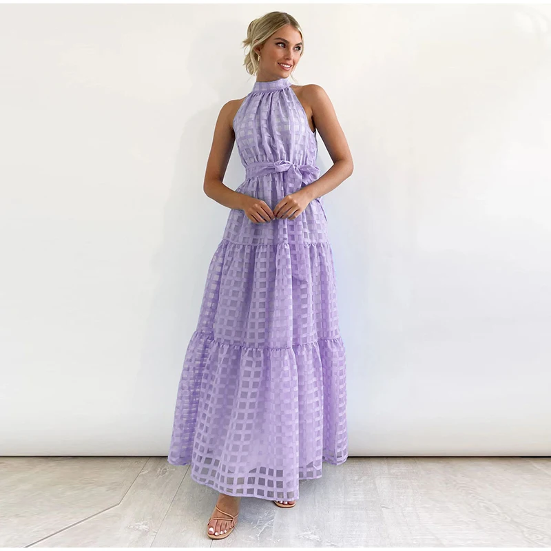 Grid Hollow Long Dress For Women Elegant Halter Sleeveless With Belt Female Dresses Summer Vintage Casual Beach Vestido 2023