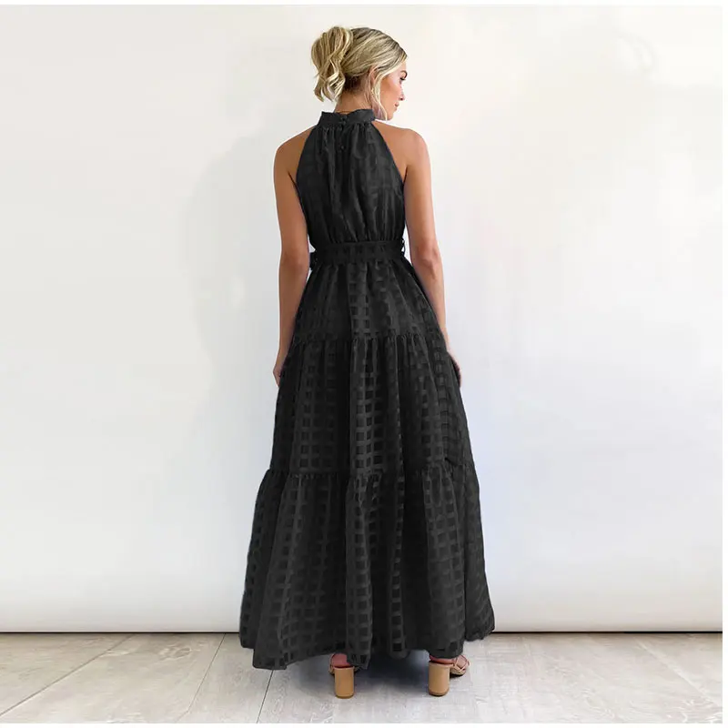 Grid Hollow Long Dress For Women Elegant Halter Sleeveless With Belt Female Dresses Summer Vintage Casual Beach Vestido 2023