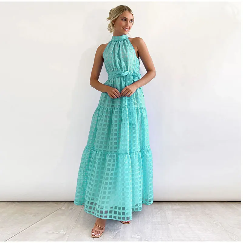 Grid Hollow Long Dress For Women Elegant Halter Sleeveless With Belt Female Dresses Summer Vintage Casual Beach Vestido 2023