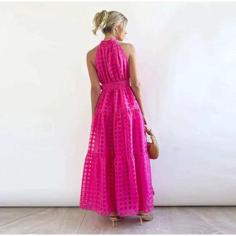 Grid Hollow Long Dress For Women Elegant Halter Sleeveless With Belt Female Dresses Summer Vintage Casual Beach Vestido 2023