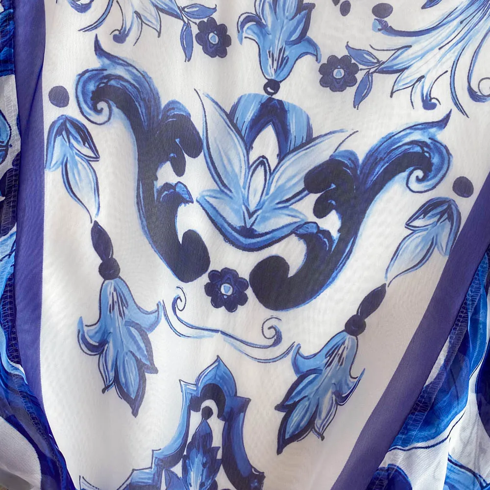 Women Maxi Chiffon Dress Summer Bohemian Rabbits Flower Porcelain Print Clothing Floor Length Flare Sleeve Long Vestidos