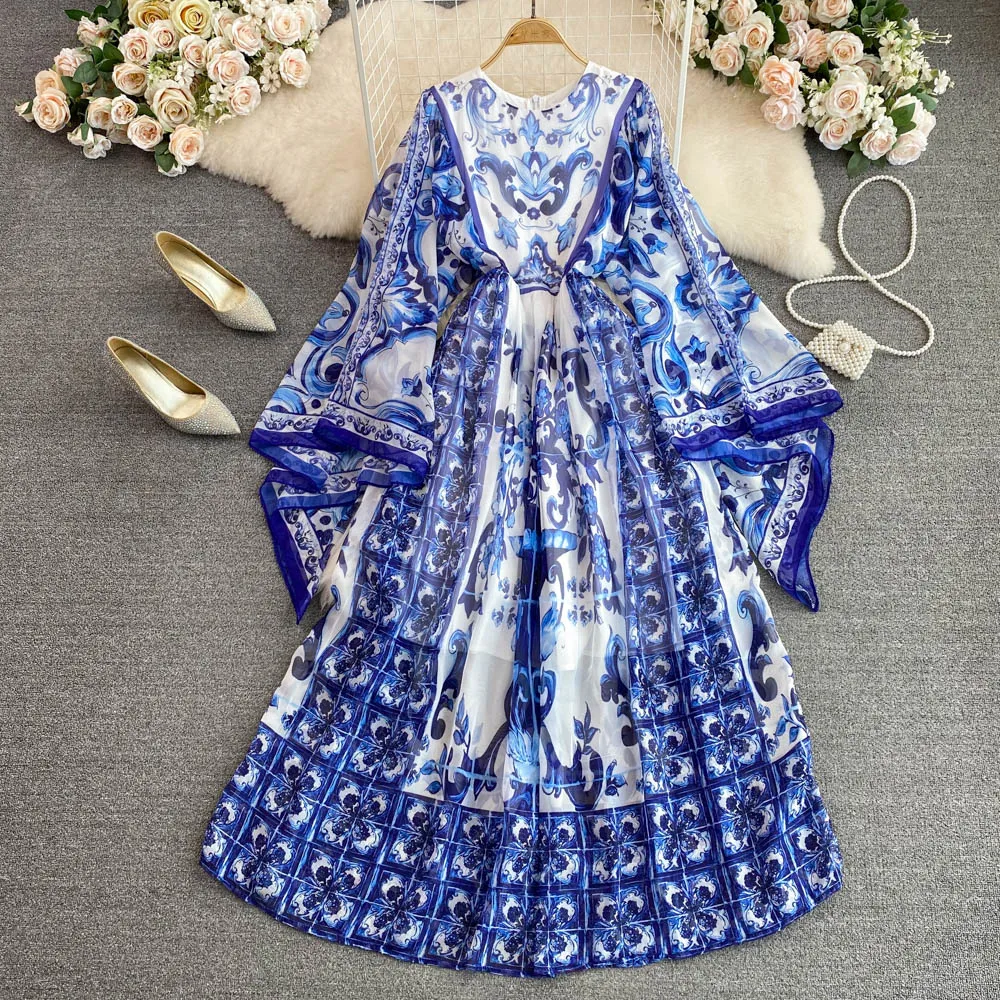 Women Maxi Chiffon Dress Summer Bohemian Rabbits Flower Porcelain Print Clothing Floor Length Flare Sleeve Long Vestidos