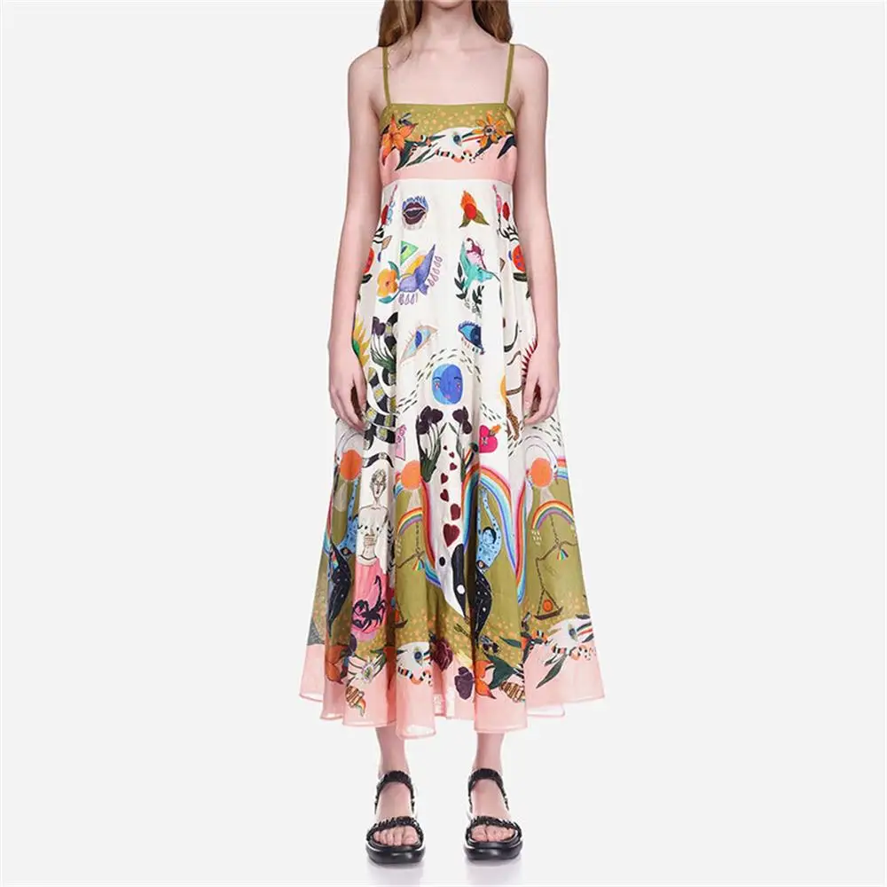 Floral Print Long Dress Women Sleeveless Sling Top High Waist Elegant Loose Dresses 2023 Summer Fashion Chic A Line Vestidos