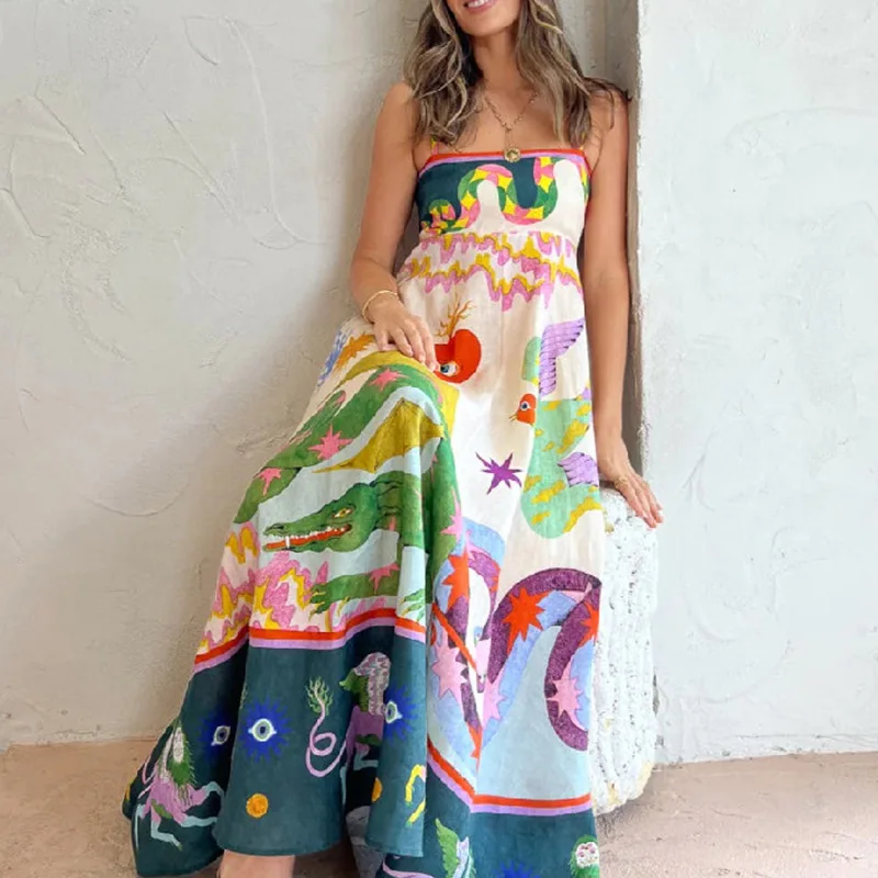 Floral Print Long Dress Women Sleeveless Sling Top High Waist Elegant Loose Dresses 2023 Summer Fashion Chic A Line Vestidos