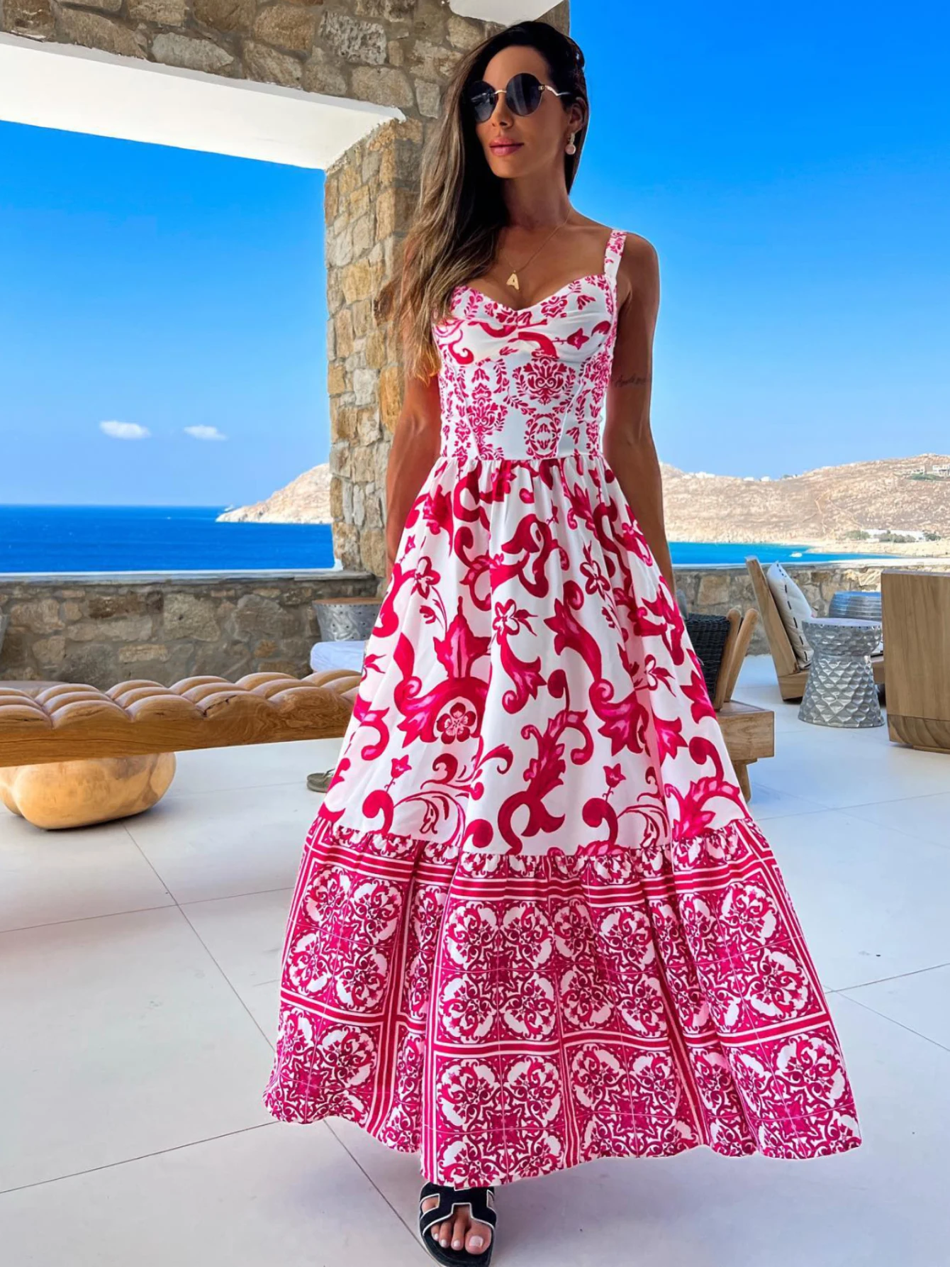 Floral Print Long Dress Women Sleeveless Sling Top High Waist Elegant Loose Dresses 2023 Summer Fashion Chic A Line Vestidos