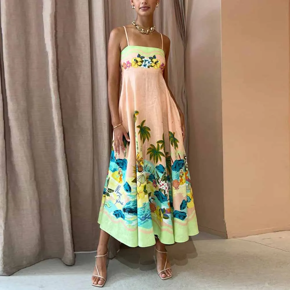 Floral Print Long Dress Women Sleeveless Sling Top High Waist Elegant Loose Dresses 2023 Summer Fashion Chic A Line Vestidos