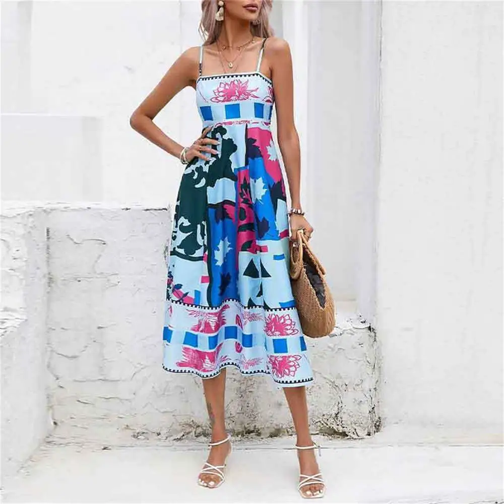 Floral Print Long Dress Women Sleeveless Sling Top High Waist Elegant Loose Dresses 2023 Summer Fashion Chic A Line Vestidos