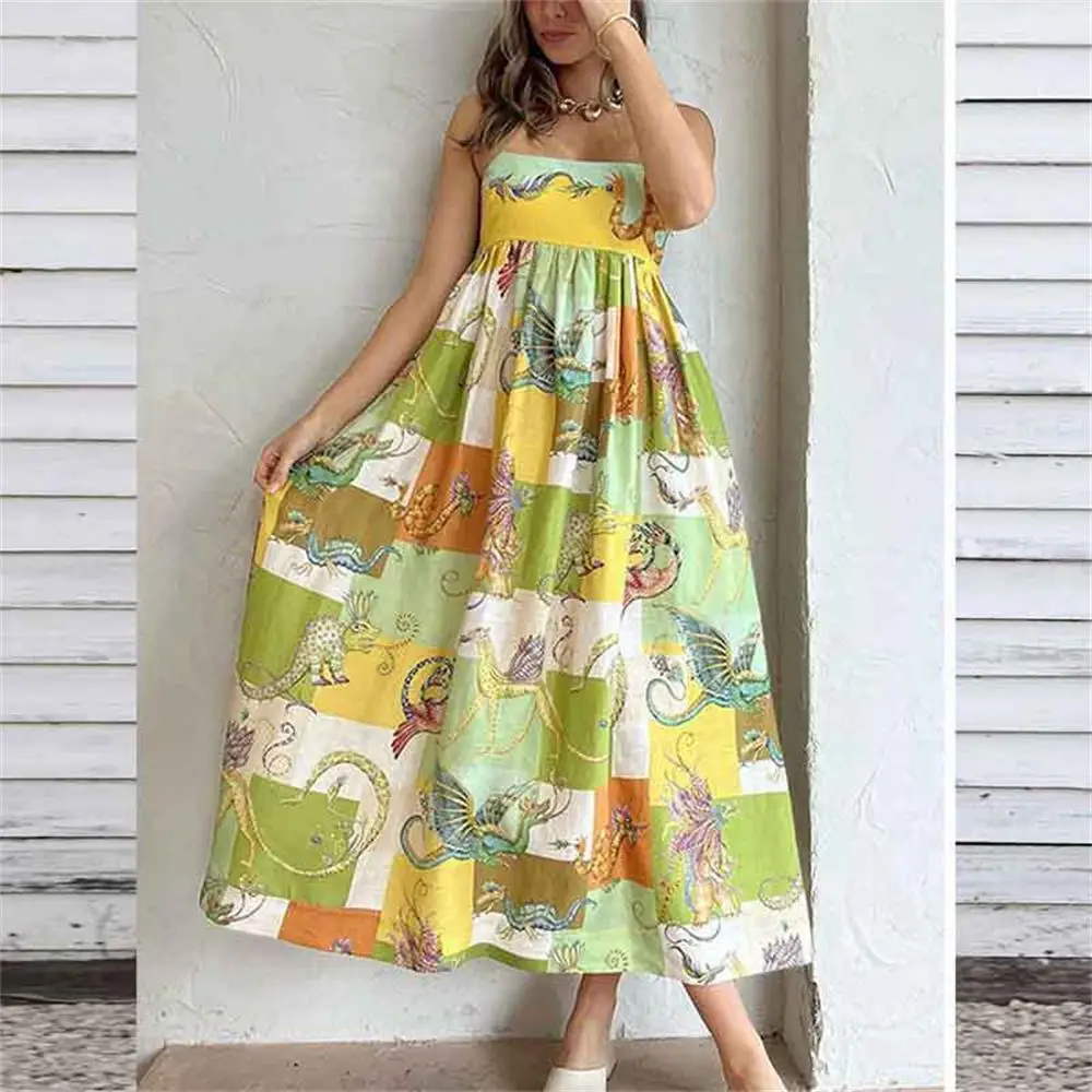 Floral Print Long Dress Women Sleeveless Sling Top High Waist Elegant Loose Dresses 2023 Summer Fashion Chic A Line Vestidos