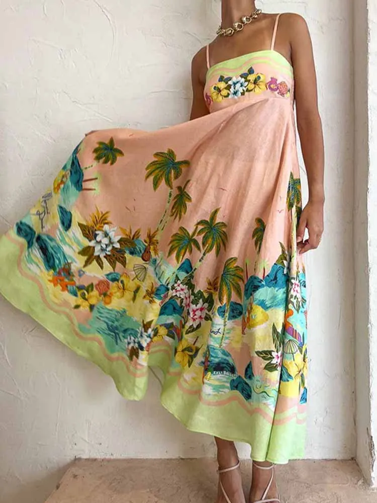 Floral Print Long Dress Women Sleeveless Sling Top High Waist Elegant Loose Dresses 2023 Summer Fashion Chic A Line Vestidos