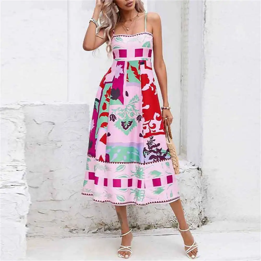 Floral Print Long Dress Women Sleeveless Sling Top High Waist Elegant Loose Dresses 2023 Summer Fashion Chic A Line Vestidos