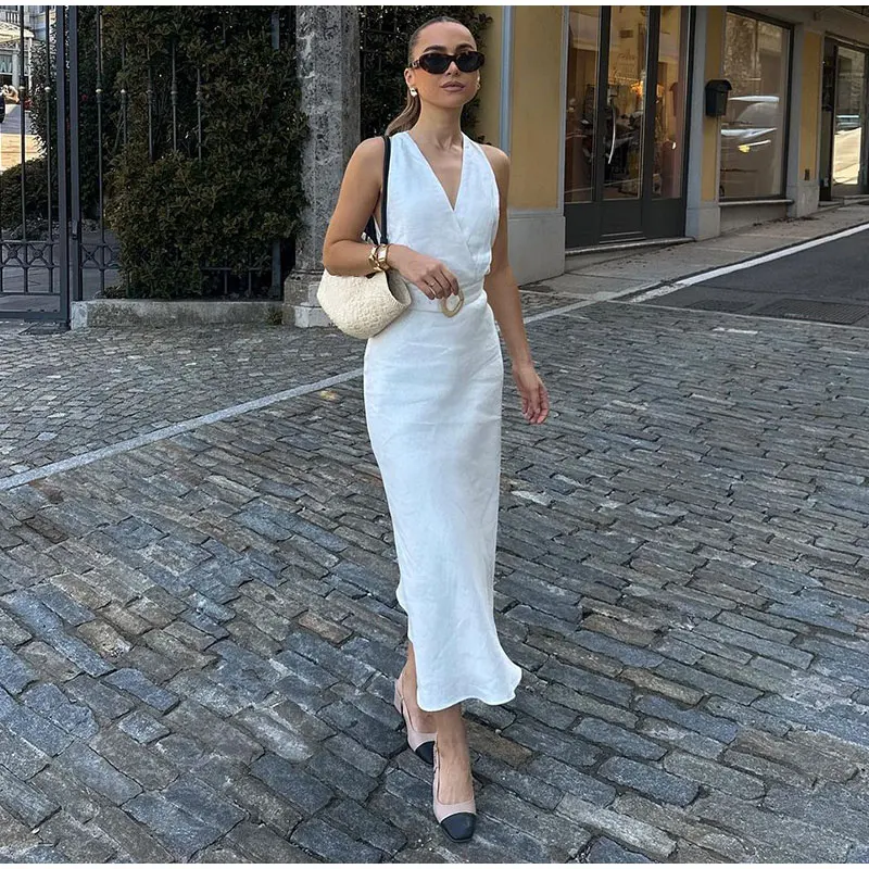 White Elegant Sleeveless Belt Linen Dress 2023 Women Sexy V-neck Slim Tank Dress Office Lady Fashion Streetwear Long Dresses