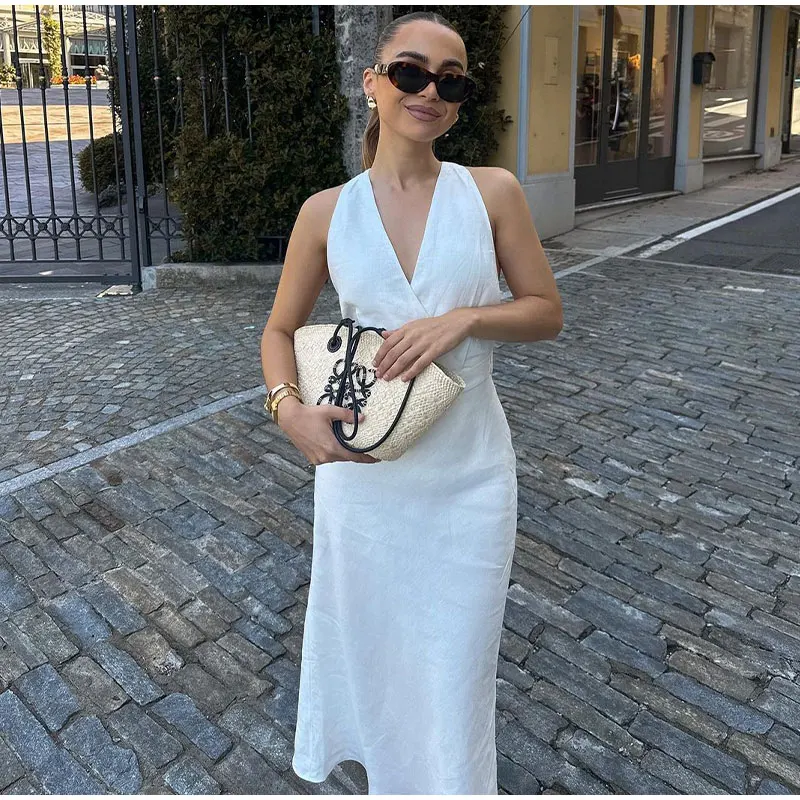 White Elegant Sleeveless Belt Linen Dress 2023 Women Sexy V-neck Slim Tank Dress Office Lady Fashion Streetwear Long Dresses