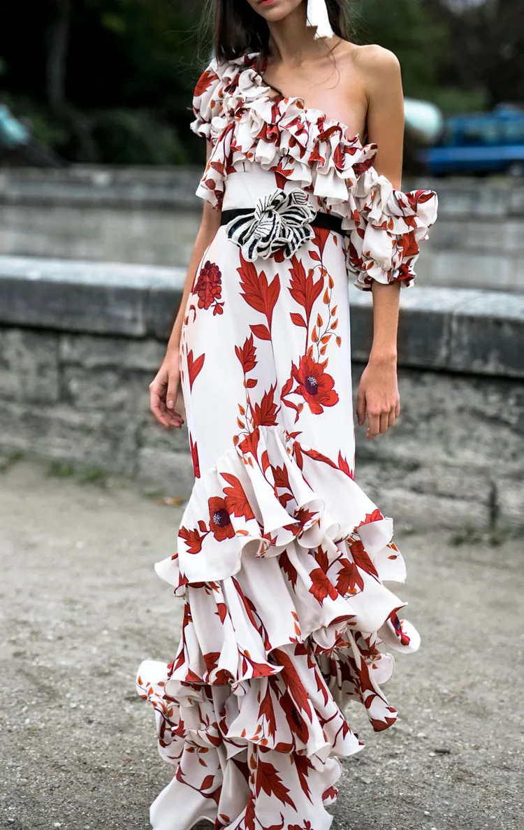 HIGH STREET New Summer 2024 Fashion Women's Elegant Cascading Ruffles Floral Print Slash Neck Beach Holiday Maxi Long Dress