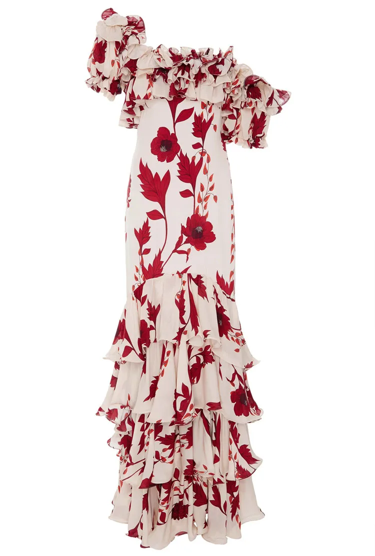 HIGH STREET New Summer 2024 Fashion Women's Elegant Cascading Ruffles Floral Print Slash Neck Beach Holiday Maxi Long Dress