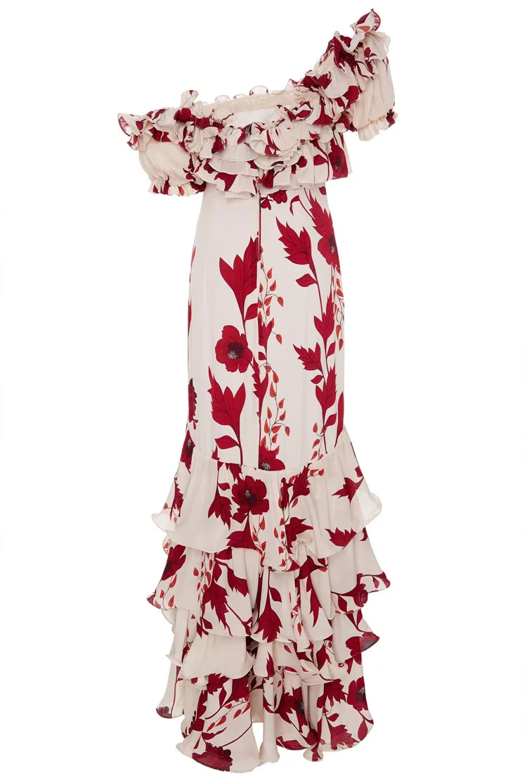 HIGH STREET New Summer 2024 Fashion Women's Elegant Cascading Ruffles Floral Print Slash Neck Beach Holiday Maxi Long Dress