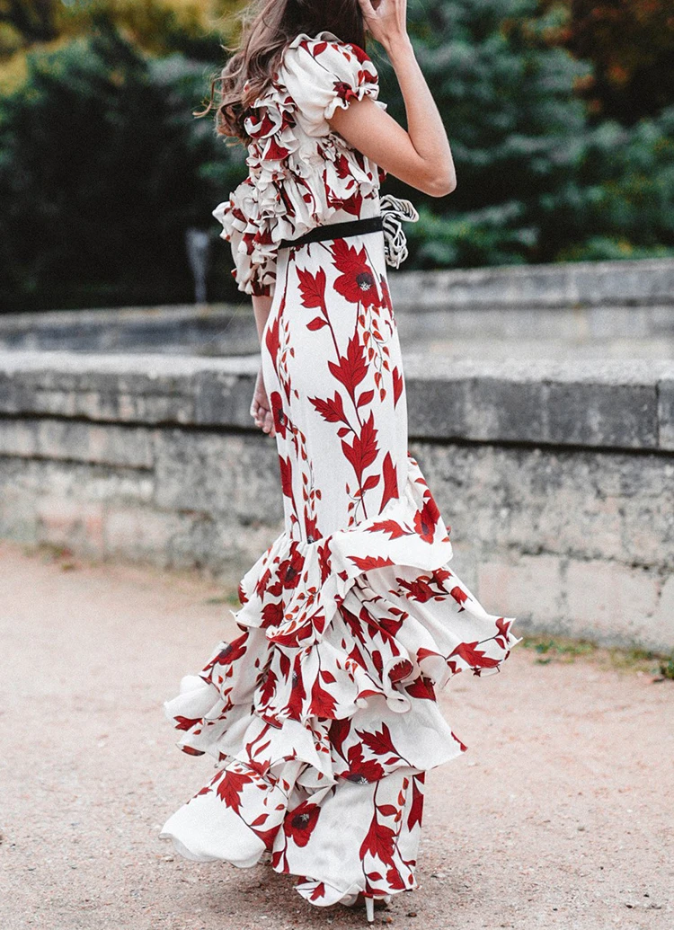 HIGH STREET New Summer 2024 Fashion Women's Elegant Cascading Ruffles Floral Print Slash Neck Beach Holiday Maxi Long Dress