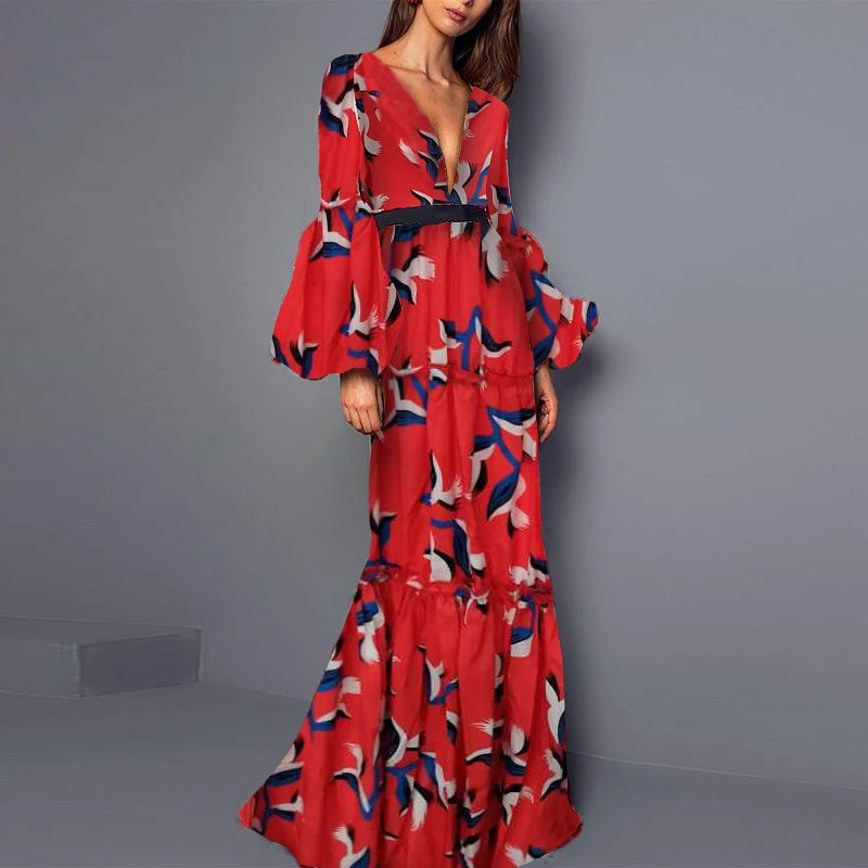 2024 Fashion Holiday Stitching Ruffle Dress Sexy Bohemian Lantern Sleeve A-Line Maxi Dress Women V-Neck Print Elegant Long Dress