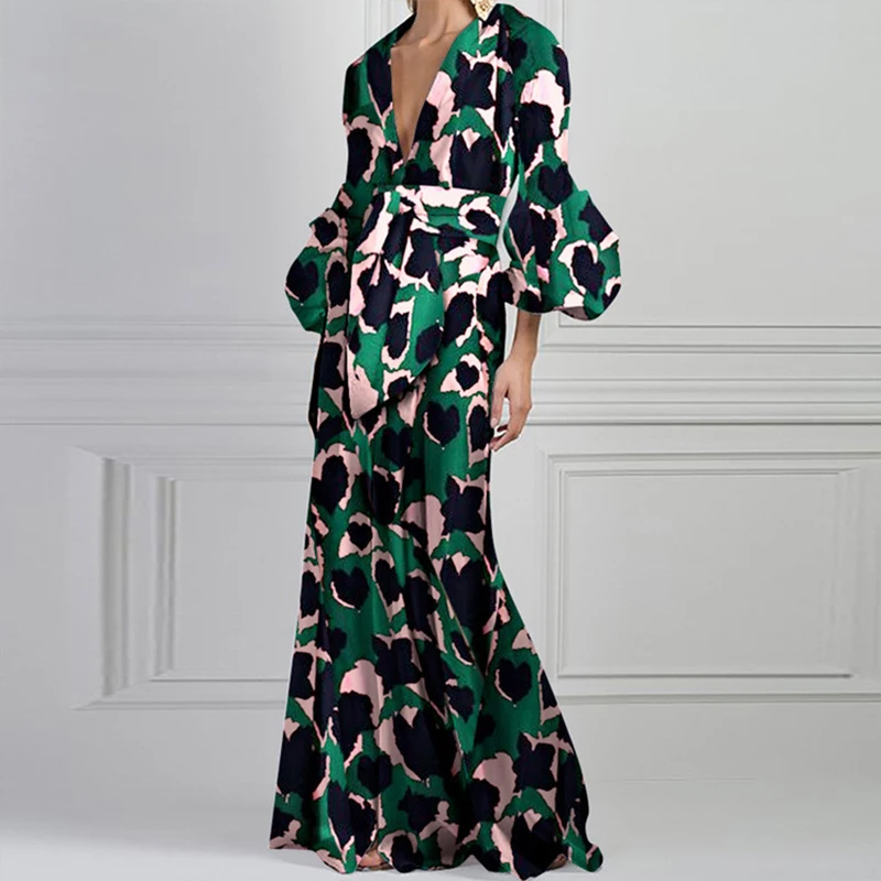 2024 Fashion Holiday Stitching Ruffle Dress Sexy Bohemian Lantern Sleeve A-Line Maxi Dress Women V-Neck Print Elegant Long Dress
