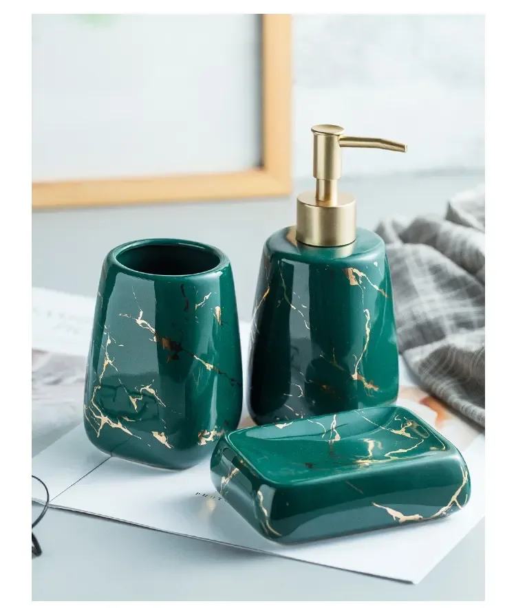 Ceramic Glossy Marble Bathroom Accessory Set Washing Tools Bottle Mouthwash Cup Soap Toothbrush Holder Tray Home Hotel Wash Set